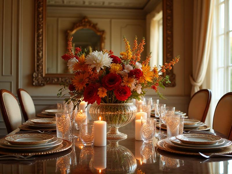 A dining room with a large mirror placed on the wall, reflecting a beautifully set table with candles and fresh flowers. The mirror doubles the abundance of the table setting, creating a sense of prosperity and wealth. The room is filled with warm, inviting light, enhancing the positive energy.