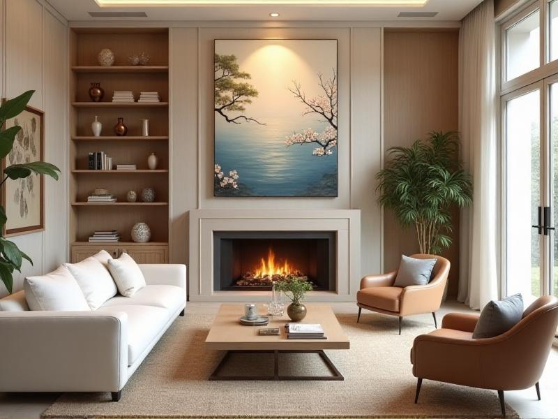 A harmonious living room that balances yin and yang energies, featuring soft, soothing colors and comfortable furniture for relaxation, as well as bold, vibrant accents and a fireplace for energy and activity. The space feels balanced and harmonious, perfectly embodying the principles of Feng Shui for balancing yin and yang.