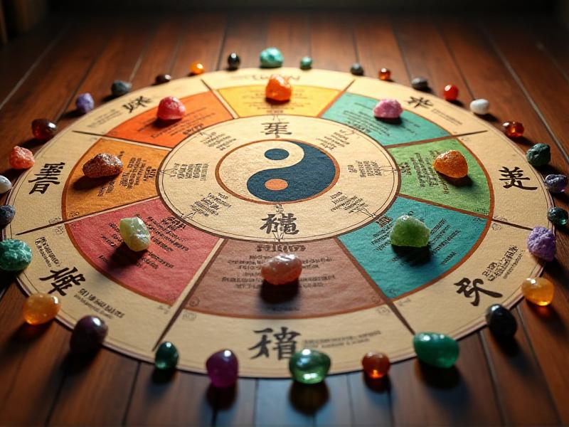 A colorful Bagua map laid out on a wooden floor, with each section labeled in both English and Chinese characters. The map is surrounded by small crystals like citrine, green aventurine, and black tourmaline, symbolizing the connection between Feng Shui and crystal energy.