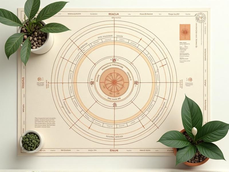 A diagram of a Bagua map overlaid on a floor plan of a home, with arrows pointing to optimal plant placements in different areas. The southeast corner is highlighted with a Money Plant, while the east corner features a Peace Lily. The image is simple yet informative, with soft colors and clear labels.