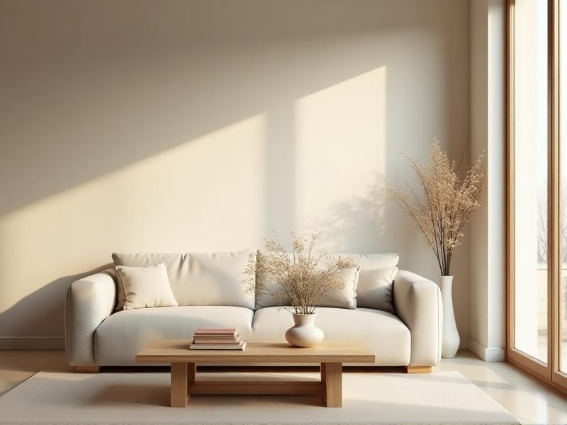 A minimalist living room with a clean and organized layout. The room features a neutral color palette with soft beige walls, a light gray sofa, and a wooden coffee table. A few carefully selected decorative items, such as a vase with fresh flowers and a stack of books, add a touch of warmth and personality to the space. The room is bathed in natural light, creating a serene and inviting atmosphere.