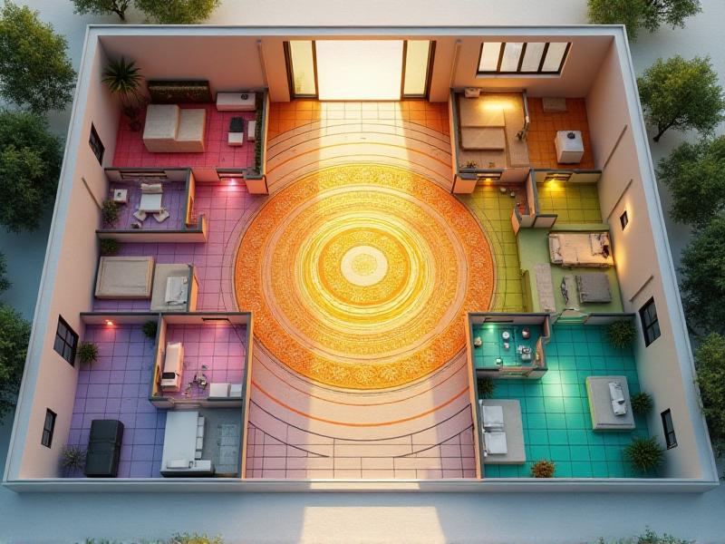 A floor plan of a modern home with the Bagua Map overlaid, highlighting the nine life areas. The front door is clearly marked, and each section of the map is color-coded to correspond with the life areas, such as wealth, health, and relationships. The center of the home is emphasized with a golden circle, symbolizing the Tai Chi.