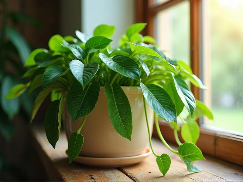 A close-up of a Money Plant with glossy, coin-shaped leaves cascading from a ceramic pot. The plant is placed on a wooden shelf near a window, with soft sunlight highlighting its vibrant green color. The setting evokes a sense of abundance and growth.