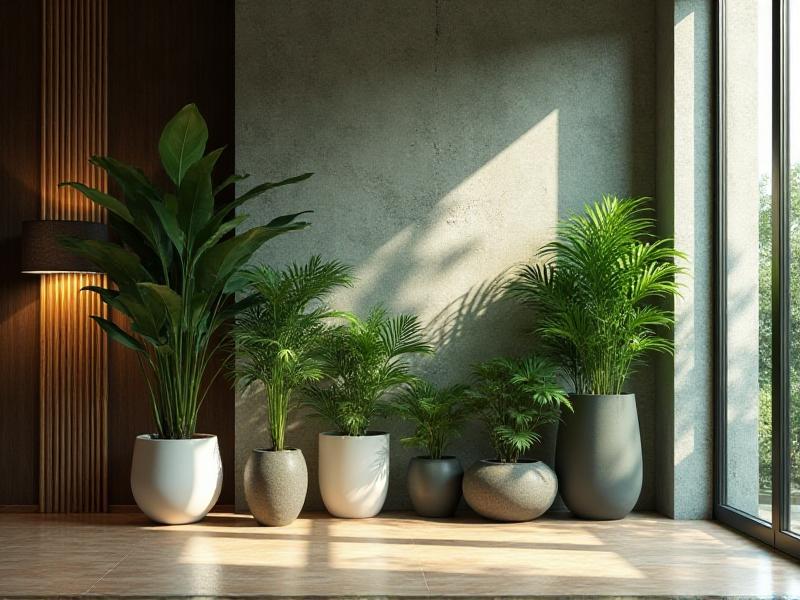 A modern living room with large potted plants, a stone accent wall, and a bamboo floor lamp. Sunlight streams through large windows, highlighting the natural textures and creating a serene, nature-inspired atmosphere.