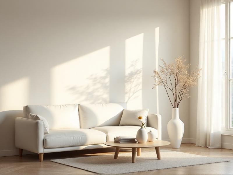 A bright, airy living room with minimalist decor, featuring a sleek white sofa, a wooden coffee table, and a few carefully chosen decorative items, all arranged to maximize open space and natural light.