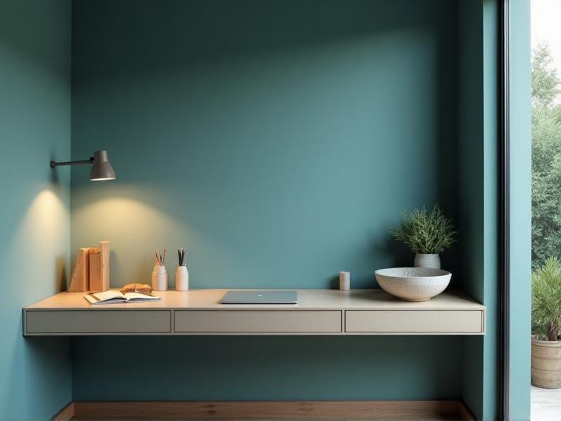 A minimalist home office with a clean, organized desk and bright, white lighting. A small tabletop fountain adds the Water element, creating a calming and focused atmosphere. The walls are painted in cool tones of blue and green, promoting mental clarity and concentration.