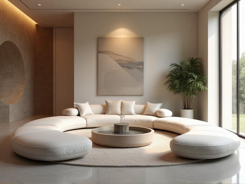 A minimalist living room with open spaces, soft lighting, and a circular arrangement of furniture. A small indoor fountain adds a calming water element, promoting the smooth flow of energy throughout the room.