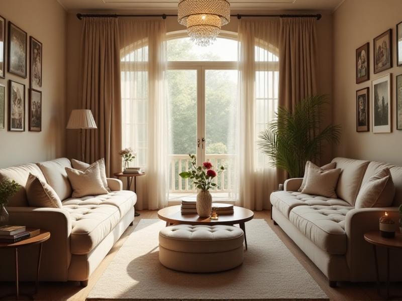 A cozy living room with a circular coffee table, comfortable sofas arranged in a conversational layout, soft lighting, and family photos on the wall, creating a warm and inviting atmosphere.