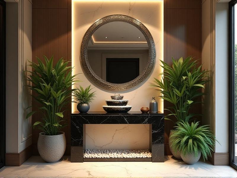 A bright and welcoming entryway designed with Feng Shui in mind, featuring a sleek console table with a mirror above, a small indoor water fountain surrounded by lush green plants, and soft, warm lighting to enhance the flow of positive energy.