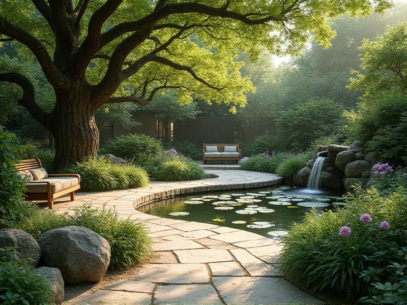 A peaceful garden designed with Feng Shui principles, featuring a winding stone path, a small water fountain, and a variety of plants arranged to create a sense of balance and harmony. The garden is bathed in soft sunlight, with a comfortable seating area where one can relax and enjoy the natural surroundings.