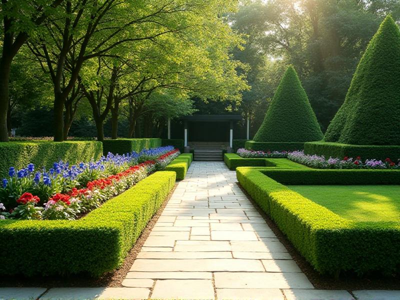 A well-maintained garden with freshly trimmed hedges, a clean stone pathway, and a vibrant flower bed. The scene is bathed in soft afternoon light, creating a sense of order and harmony in the outdoor space.