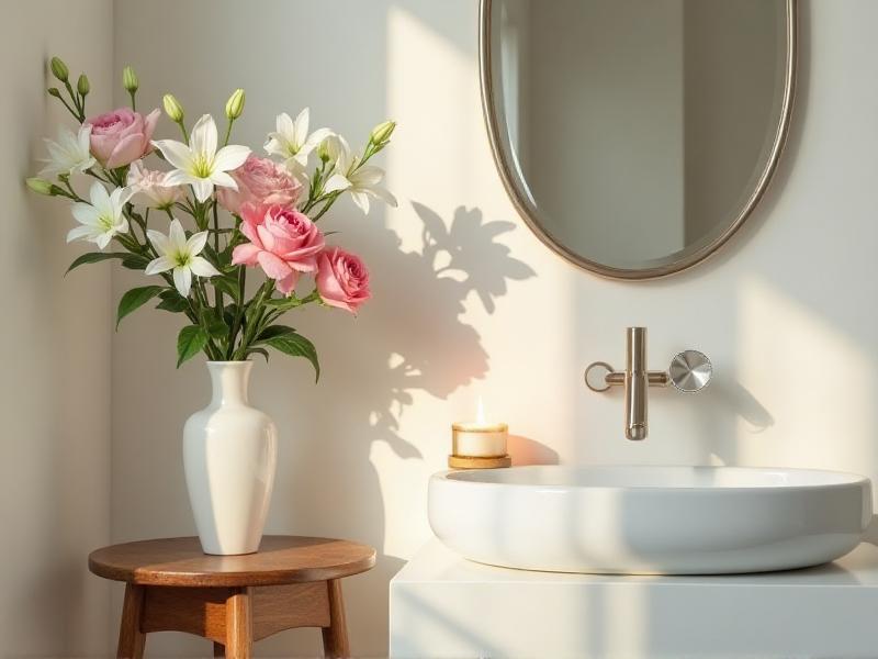 A balanced bathroom featuring a wooden stool, a ceramic vase with fresh flowers, a metal-framed mirror, and a candle on the counter. The elements are thoughtfully arranged to create a harmonious and inviting space.