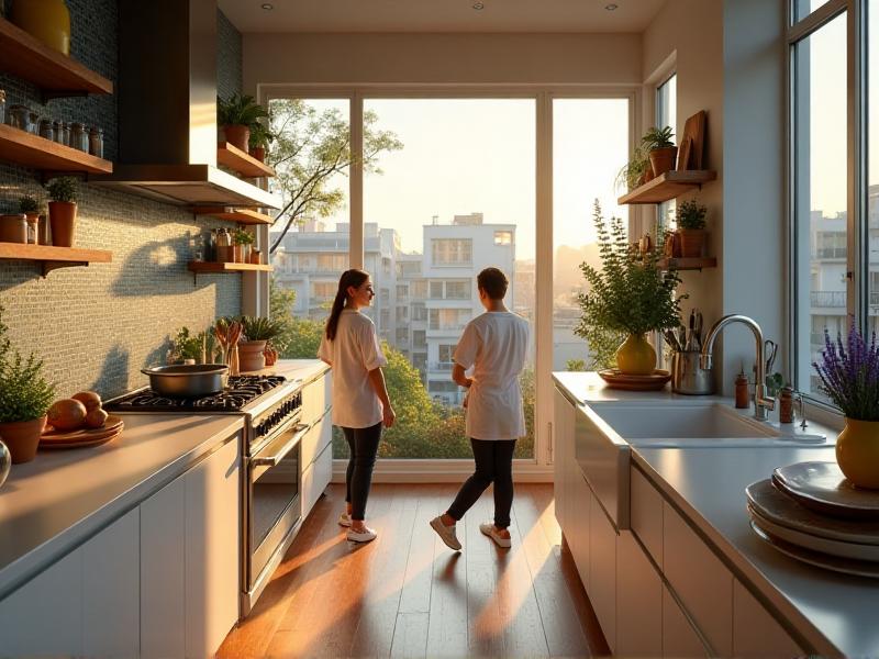 A bright and airy kitchen with large windows allowing natural light to flood the space. The room is well-ventilated, with an exhaust fan above the stove and a small pot of lavender on the countertop, adding a fresh and calming scent to the air.