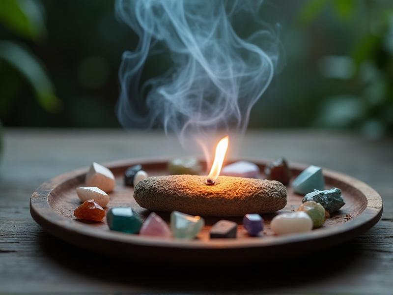 A collection of crystals arranged in a circle on a wooden tray, with a burning sage bundle in the center. The smoke from the sage surrounds the crystals, symbolizing the cleansing process. The image conveys the importance of maintaining the energetic purity of crystals in Feng Shui practices.