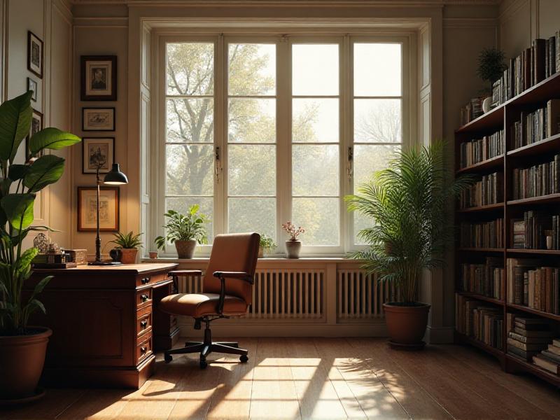 A study room with large windows allowing plenty of natural light to flood in. A desk lamp with a warm, soft glow provides additional task lighting. The room feels bright and inviting, enhancing focus and creativity.