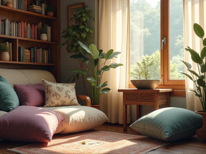 A cozy reading nook with a small tabletop fountain placed on a side table. The gentle sound of flowing water creates a serene atmosphere, perfect for relaxation and emotional balance. Soft lighting and comfortable cushions complete the tranquil setting.