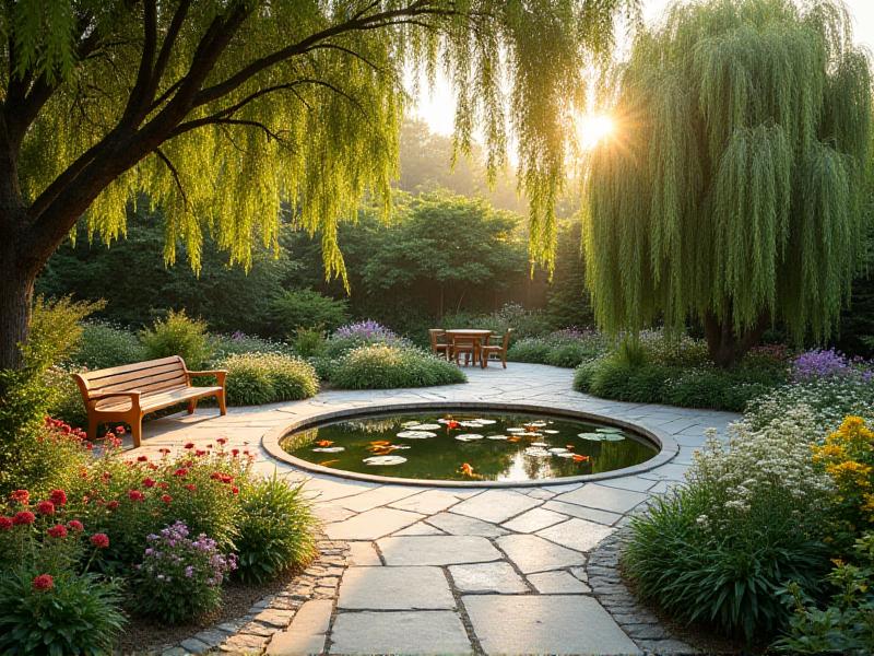 A well-maintained garden with a variety of plants, a small water feature, and natural wood furniture. The space is filled with natural light and features a flowing layout, creating a peaceful and harmonious outdoor environment.