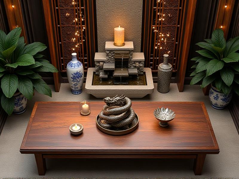 A beautifully arranged room featuring a wooden table, a metal sculpture, a ceramic vase, a candle, and a small indoor fountain, representing the harmonious balance of the five Feng Shui elements.