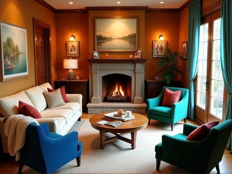 A cozy living room with a commanding position layout: a sofa faces the door with a clear view, while chairs are arranged in a semi-circle around a coffee table. The room is designed to promote conversation and connection, with soft lighting and warm colors enhancing the inviting atmosphere.