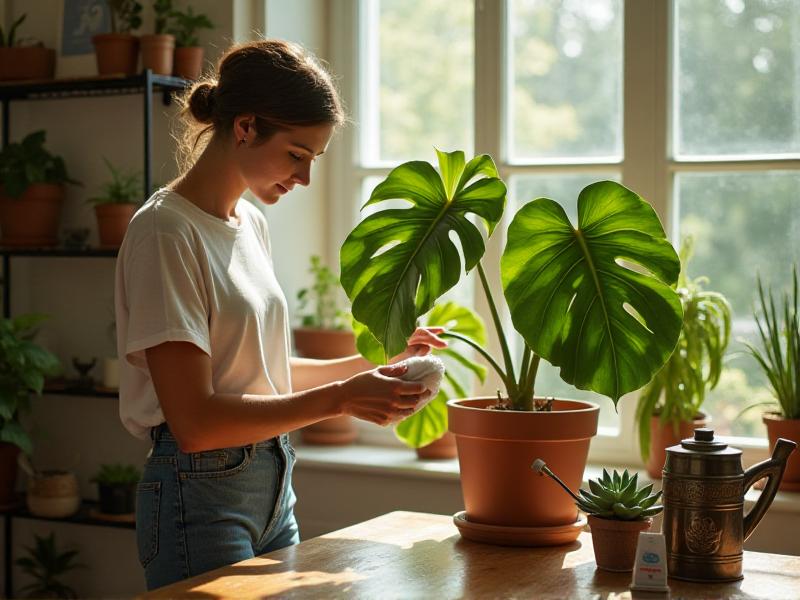 A person gently wiping the leaves of a large Fiddle Leaf Fig with a soft cloth. The plant is positioned near a sunny window, with a watering can and a small bag of fertilizer on the table nearby. The scene conveys care and attention to detail.