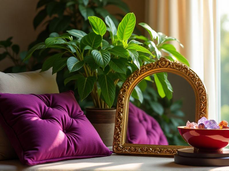 A vibrant Wealth Corner featuring a lush green plant, a purple cushion, a gold-framed mirror, and a red decorative bowl. The colors are harmoniously balanced, creating a lively and prosperous atmosphere. Natural light enhances the richness of the colors, making the space feel energized and abundant.