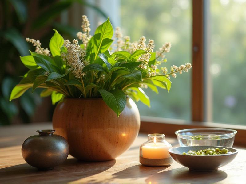 A beautifully arranged table showcasing the five elements of Feng Shui: a wooden bowl filled with fresh green leaves, a candle burning brightly, a ceramic vase with earthy tones, a shiny metal sculpture, and a glass bowl of water with floating petals. The setting is illuminated by soft, natural light, creating a balanced and peaceful ambiance.