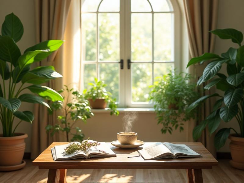 A tranquil living room with lush green plants, a wooden coffee table, and a small indoor fountain. The room is filled with natural light, creating a serene and rejuvenating atmosphere.