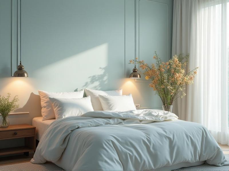 A serene bedroom designed with Feng Shui principles, featuring a bed positioned in the command position with a clear view of the door. The room is decorated in soft blue and white tones, with a plush duvet and pillows inviting rest. A small table lamp provides soft lighting, and a vase of fresh flowers adds a touch of nature. The space feels peaceful and conducive to restful sleep.