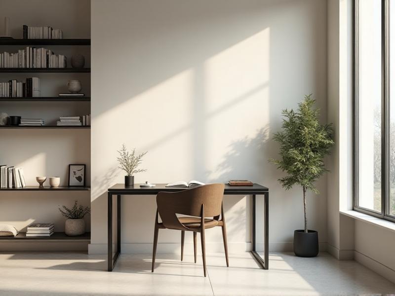 A minimalist study space with a clean desk, organized shelves, and a few decorative items. The room is free of clutter, with everything in its place, creating a sense of calm and order. The natural light from the window enhances the open and airy feel of the room.