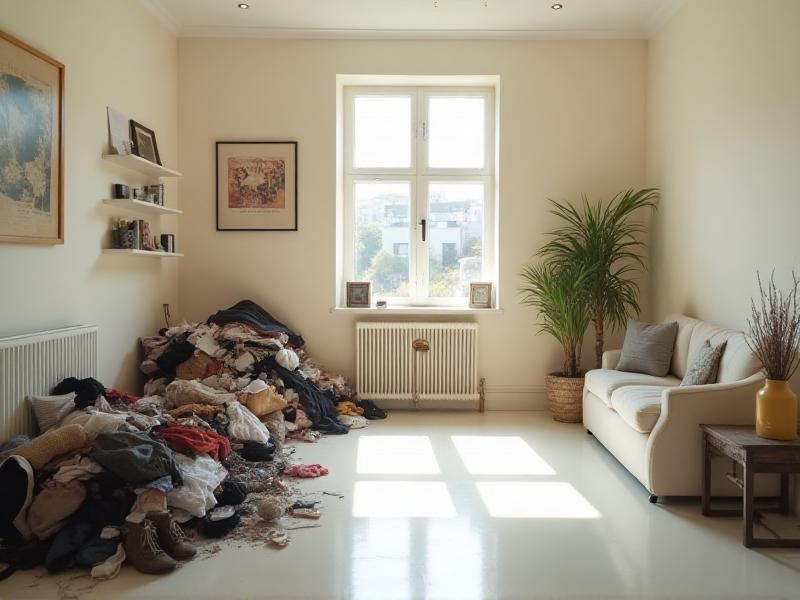 A before-and-after image of a cluttered room transformed into a clean, organized space. The 'before' image shows piles of items scattered across the floor, while the 'after' image features minimalist decor and open spaces, allowing light and energy to flow freely.