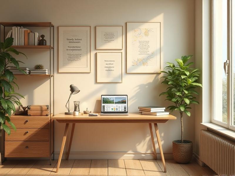 A study room painted in soft beige with accents of yellow and orange. The desk is organized with a laptop, notebooks, and a potted plant. The walls are adorned with inspirational quotes and artwork, creating a balanced and stimulating environment for studying.