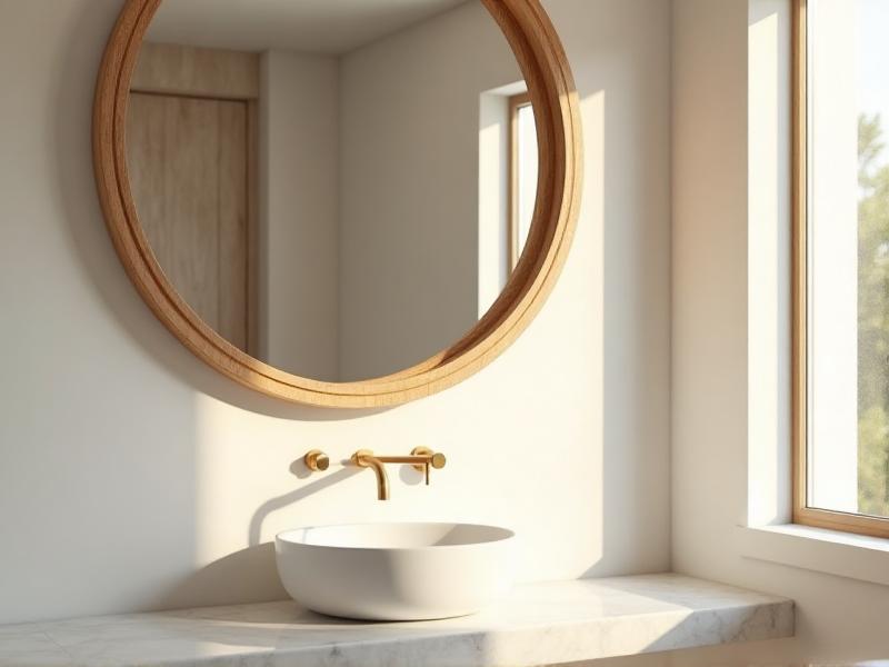 A large, round mirror with a wooden frame hanging above a white sink. The mirror reflects natural light from a nearby window, making the bathroom feel brighter and more spacious.