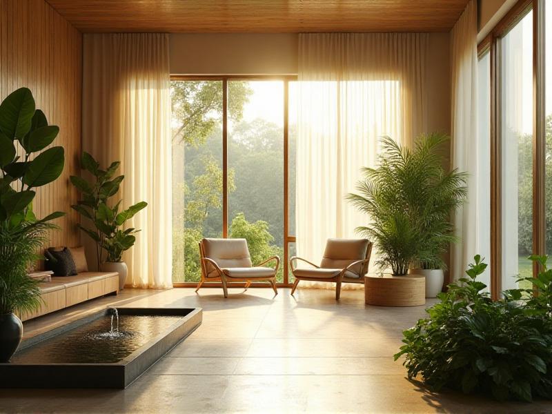 A serene living room with natural light streaming through large windows, featuring a minimalist design with wooden furniture, green plants, and a flowing water fountain. The room exudes calmness and balance, embodying the principles of Feng Shui.