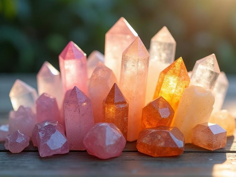 A collection of vibrant crystals, including rose quartz, citrine, and clear quartz, arranged on a wooden table. The crystals catch the light, creating a sparkling effect that symbolizes clarity and energy amplification. The background is soft and neutral, allowing the crystals to take center stage.