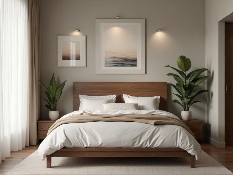 A tranquil bedroom with a large bed positioned in the command position, featuring a solid wooden headboard and soft, neutral bedding. The room is decorated with calming artwork and a few potted plants, creating a restful and inviting space.