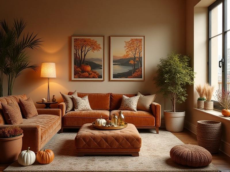 A living room decorated for the fall season with Feng Shui principles, featuring warm orange and brown tones, seasonal plants like pumpkins and gourds, and cozy textiles. The space is illuminated by soft, warm lighting, creating a harmonious and inviting atmosphere.