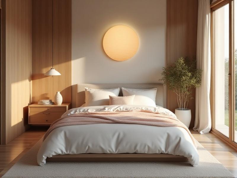 A tranquil bedroom designed with Feng Shui principles, featuring a bed in a commanding position with a view of the door, soft pastel-colored bedding, ambient lighting, and minimal decor to promote restful sleep and relaxation.