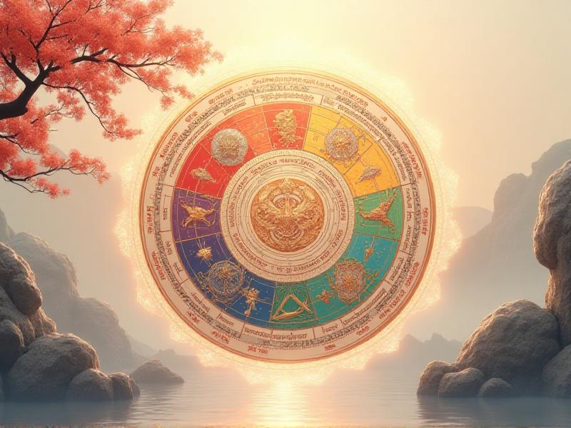 A detailed illustration of the Feng Shui Bagua map, showcasing nine distinct areas representing different aspects of life, including relationships. The map is color-coded with vibrant hues, set against a serene background, symbolizing balance and harmony.