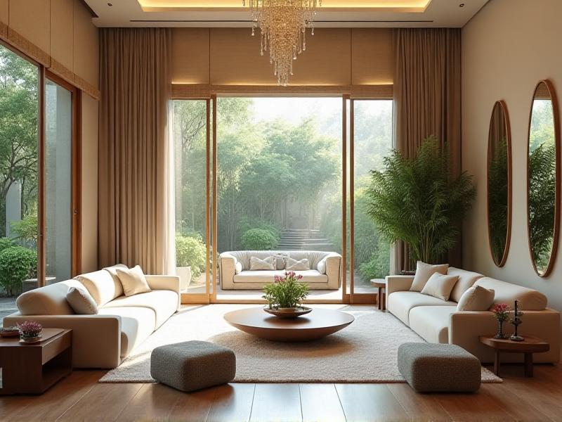 A beautifully balanced home designed with Feng Shui principles, featuring harmonious furniture arrangements, natural lighting, a variety of textures and colors, and a seamless connection between indoor and outdoor spaces to promote overall well-being and positive energy flow.