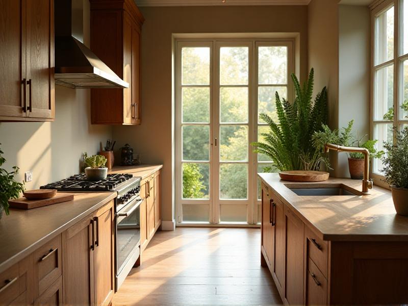 A bright, airy kitchen with warm, earthy tones. The stove is positioned so that the cook can see the door, and the countertops are clutter-free. Wooden cutting boards and metal utensils are neatly arranged, and a small water feature sits on the windowsill. The overall atmosphere is inviting and nourishing.