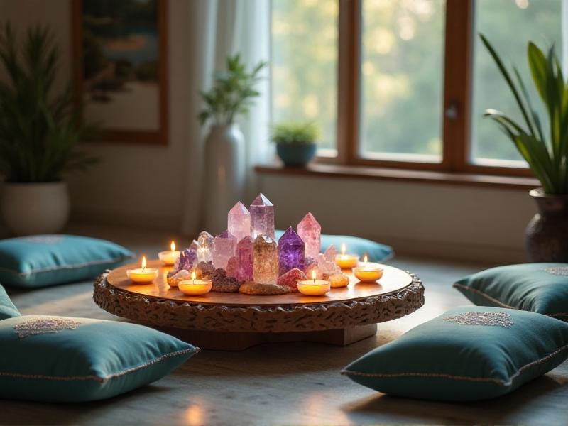 A peaceful meditation space with a variety of crystals arranged on a low table, surrounded by candles and soft cushions. The room is filled with natural light, creating a serene and uplifting atmosphere. The image encapsulates the transformative power of combining crystals with Feng Shui for energy healing and personal growth.