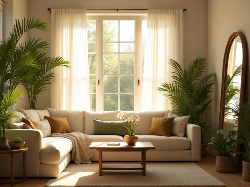 A sunlit living room with large windows, sheer white curtains, and a variety of indoor plants. The room features a comfortable sofa, a wooden coffee table, and a mirror that reflects the natural light, creating a bright and airy atmosphere that promotes positive energy flow.