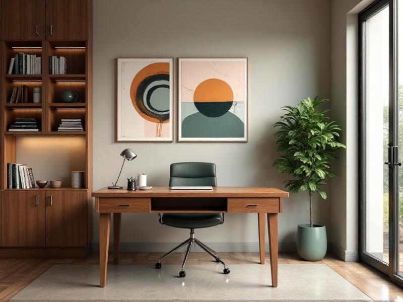 A productive home office designed with Feng Shui principles, featuring a wooden desk positioned with a clear view of the door, metal organizers, inspiring artwork on the walls, and a clutter-free environment to boost focus and creativity.