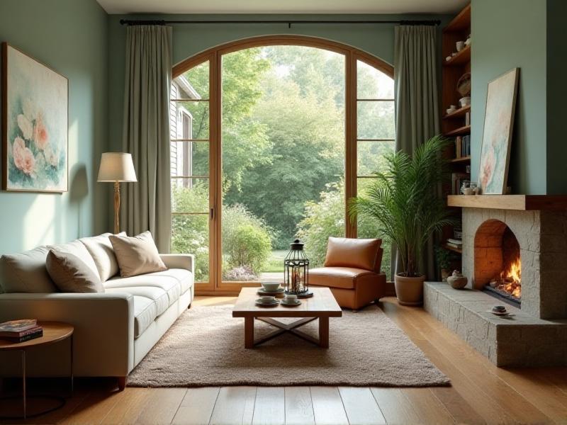 A living room painted in soft shades of blue and green, with neutral furniture and natural wood accents. The colors create a serene and harmonious atmosphere, perfect for relaxation and stress relief.