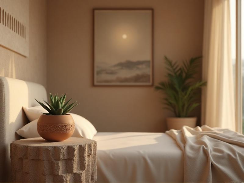 A tranquil bedroom with a beige color palette, a stone nightstand, and a clay pot holding a small succulent. The soft, diffused lighting creates a peaceful and grounding atmosphere.