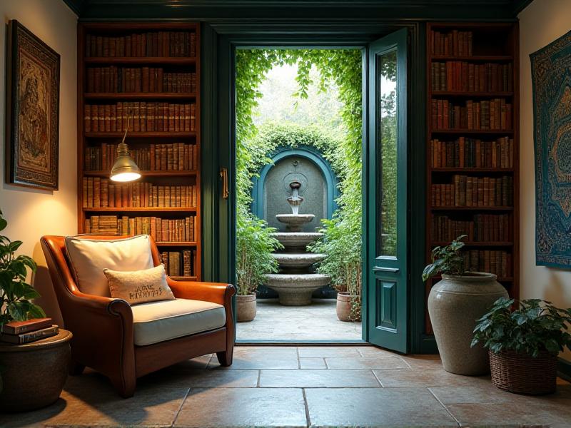 A tranquil Knowledge area in a home, featuring a cozy reading nook with a comfortable chair, a stack of books, and a small table lamp. A blue and green color scheme creates a calming atmosphere, and a small fountain adds a soothing sound. The space is perfect for quiet contemplation and personal growth.