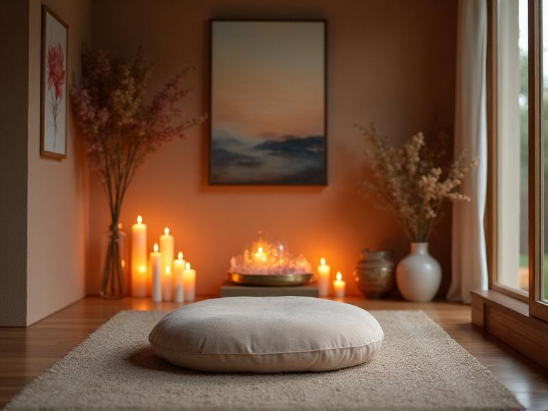 A tranquil sacred space in a home, featuring a comfortable meditation cushion, a small altar with candles and crystals, and a soft throw blanket. The walls are adorned with meaningful artwork and photographs, and the space is illuminated by the warm glow of candlelight. A small vase of fresh flowers adds a touch of natural beauty, creating a peaceful and inviting atmosphere.