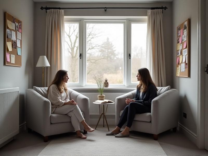 A supportive and empowering Helpful People area in a home, featuring a metal wind chime hanging near a window, a gratitude journal on a small table, and a list of supportive individuals displayed on a bulletin board. The space is decorated in gray and white tones, creating a calm and welcoming environment for fostering connections and receiving guidance.