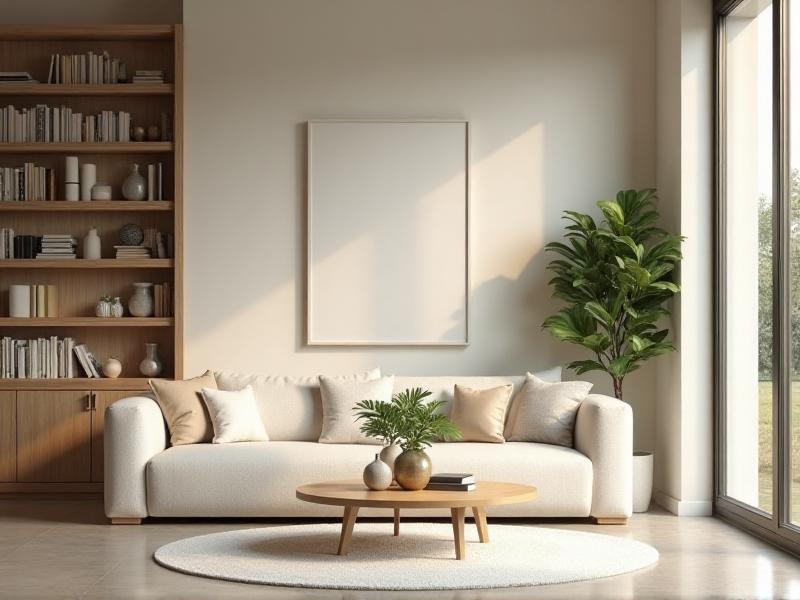 A serene living room with natural light streaming through large windows, showcasing a balanced arrangement of furniture, plants, and decor in neutral tones. The room exudes calmness and harmony, with a focus on open space and minimal clutter.