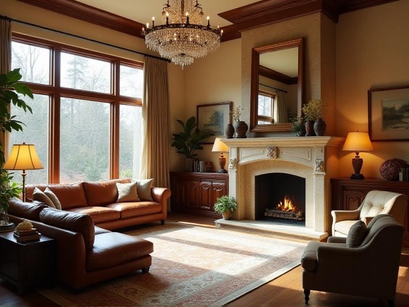 A well-lit living room designed with Feng Shui principles, featuring a combination of natural light from large windows and soft artificial lighting from a chandelier and table lamps. The lighting creates a warm and inviting atmosphere, with shadows gently highlighting the textures and colors of the room.